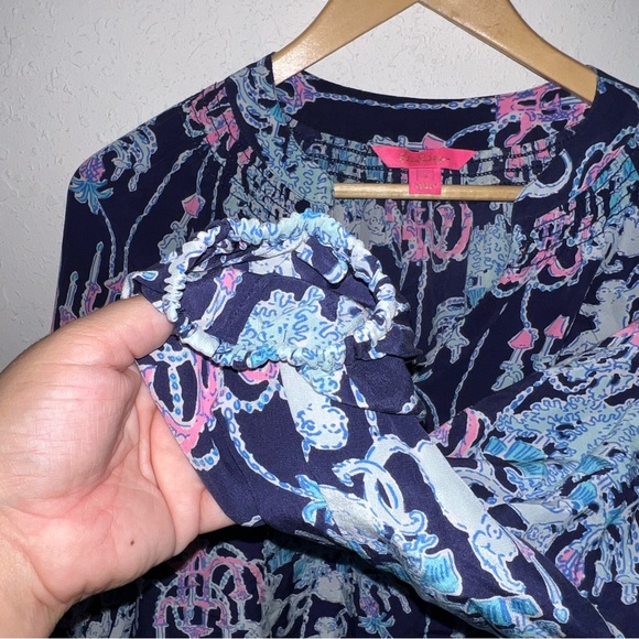 Lilly Pulitzer BNWOT Elsa 100% Silk Top Bright Navy Pop up Monkey Trouble Small - Picture 9 of 12